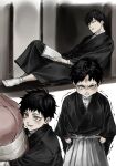  1boy 1girl bandaid bandaid_on_face bandaid_on_forehead black_kimono book closed_eyes closed_mouth earrings eyeliner full_body highres hug japanese_clothes jewelry jujutsu_kaisen kimono makeup male_focus multiple_views sitting sleeping sso_s tears zen'in_naoya 