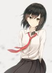  1girl arms_behind_back black_hat black_skirt brown_eyes brown_hair buttons closed_mouth collarbone collared_shirt commentary_request fumei_(mugendai) grey_background hat holding holding_unworn_clothes holding_unworn_hat long_sleeves looking_at_viewer necktie red_necktie shirt shirt_tucked_in skirt smile solo standing touhou unworn_hat unworn_headwear usami_renko white_shirt 