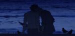  2026 2boys ahoge artist_name bird black_hair blurry blurry_background cinnam commentary_request crow_armbrust dated double-parted_bangs eiyuu_densetsu from_behind hair_between_eyes head_on_another's_shoulder head_rest highres holding_hands implied_yaoi interlocked_fingers kai_no_kiseki kuro_no_kiseki_(series) male_focus mullet multiple_boys night ocean outdoors purple_eyes rean_schwarzer red_eyes shirt short_hair sitting sleeves_rolled_up white_hair 