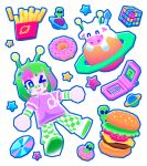  3d :> absurdres alien antennae bandaid bandaid_on_face bandaid_on_nose burger cd cellphone checkered_clothes checkered_pants chibi commentary cow donut english_commentary flip_phone food french_fries green_eyes green_hair highres indie_virtual_youtuber looking_at_viewer multicolored_hair one_eye_closed pants phone pink_hair planet polygon_donut print_shirt purple_shirt rubik's_cube shirt shoes sneakers star_(symbol) tv_hair_ornament two-tone_hair violet_(violxiv) white_shoes 