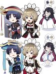  1boy 2girls armor bare_shoulders black_bodysuit black_cat black_corset black_hat black_kimono black_shorts black_sleeves blue_cape blue_eyes blue_hat blue_jingasa blue_kimono blue_pupils blue_sleeves blunt_bangs blunt_ends bodysuit bonnet bow bowtie bridal_gauntlets brown_cat brown_hair brown_skirt cape cat choppy_bangs closed_mouth coat colored_inner_hair columbina_(genshin_impact) commentary corset cowlick detached_collar detached_sleeves dress english_commentary eyeliner facing_another fang fatui_coat floating frilled_sleeves frills fur-trimmed_coat fur_trim furisode genshin_impact gloves gold gold_ring gold_trim grey_bridal_gauntlets grey_veil hair_ornament hair_ribbon hakama hakama_shorts hand_on_own_hip hand_up hat head_tilt highres index_finger_raised japanese_armor japanese_clothes jewelry jingasa juban julydelic kimono kote kurokote lapels layered_dress layered_shorts layered_sleeves levitation long_hair long_sleeves looking_at_another looking_up makeup mandarin_collar medium_dress middle_ring multicolored_hair multiple_girls multiple_wings neck_ring open_clothes open_hand open_kimono open_mouth pantyhose parted_bangs pink_hair pleated_shorts pointing pointing_at_another purple_bow purple_dress purple_eyes purple_sash purple_shorts purple_sleeves red_bow red_eyeliner red_hat red_kimono red_sash ribbon sandrone_(genshin_impact) sash scaramouche_(genshin_impact) short_dress short_eyebrows short_hair short_hair_with_long_locks short_over_long_sleeves short_sleeves shorts side_cape sidelocks skirt skirt_under_dress sleeves_past_fingers sleeves_past_wrists smile spoken_animal sweat swept_bangs tassel teeth time_lapse tress_ribbon tsurime two-tone_hat upper_teeth_only veil very_long_hair wanderer_(genshin_impact) white_background white_bonnet white_bow white_bowtie white_coat white_dress white_gloves white_kimono white_pantyhose white_ribbon white_sleeves white_wings winding_key wing_hair_ornament wings 