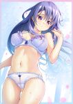  1girl arthur_ishii ass_visible_through_thighs blue_bow blush bow bow_bra bow_panties bra breasts bright_pupils cameltoe clenched_hand closed_mouth commentary_request cowboy_shot day dutch_angle falling_petals floating_hair frilled_bra frilled_panties frills from_below hair_between_eyes hand_up highres large_breasts light_frown long_hair looking_at_viewer navel original outdoors panties petals purple_hair red_eyes shiny_skin sidelocks solo spring_(season) stomach thighs underwear underwear_only variant_set very_long_hair white_bra white_panties white_pupils 