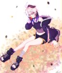  1girl absurdres ahoge bandaged_leg bandages blurry blurry_foreground boots coat commentary depth_of_field falling_leaves flower_(gynoid_talk) flower_(vocaloid) full_body fur-trimmed_coat fur_trim gynoid_talk highres holding holding_leaf kokodoko_(g_kkdk) leaf looking_at_viewer maple_leaf medium_hair midriff multicolored_hair nail_polish navel open-toe_boots pendant_choker purple_boots purple_coat purple_eyes purple_nails purple_shirt purple_shorts purple_streaks shirt short_shorts shorts sitting smile solo streaked_hair toenail_polish toenails torn_clothes torn_shirt vocaloid white_background white_hair 