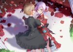  2girls bare_shoulders black_bow black_dress blush bow brown_hair closed_mouth commentary_request dancing dress flower glasses green_eyes hair_ornament heaven_burns_red highres holding izumi_yuki izumi_yuki_(anticipant_ruby) kayamori_ruka kayamori_ruka_(cardinal_reverberations) kinudoufu_ebot long_hair multiple_girls purple_hair red_dress red_flower red_rose rose short_hair yuri 