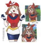  1girl aonomogu bandana bike_shorts bike_shorts_under_shorts blue_eyes blush breasts brown_hair commentary_request fanny_pack gloves highres looking_at_viewer may_(pokemon) open_mouth pokemon pokemon_(anime) pokemon_the_series:_ruby_and_sapphire red_bandana red_shirt redrawn shirt shorts simple_background smile standing upper_body white_gloves 
