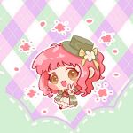  1girl absurdres artist_request black_shoes blush_stickers bow bowtie brown_eyes capelet center_frills chibi chinese_commentary colorful_background commentary_request commission dress eyelashes eyeshadow flower frilled_dress frills green_capelet green_hat green_skirt green_vest happy hat hat_bow hat_flower highres infinity_nikki layered_skirt long_hair makeup mini_hat mini_top_hat nikki_(nikki) nikki_(series) one_side_up open_mouth outline patchworks petals pink_eyeshadow pink_flower pink_hair rebirth_wish_(infinity_nikki) second-party_source shoes short_dress skirt smile solo tareme top_hat v vest wavy_hair white_flower white_outline white_skirt yellow_bow yellow_bowtie 