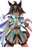  1girl animal_ears aqua_skirt black_shorts blue_eyes bow bowtie braid braided_ponytail bright_pupils brown_hair brown_tail cape clenched_hand commentary_request cowboy_shot disfiro03 ear_ornament epiphaneia_(racing)_(umamusume) epiphaneia_(umamusume) gloves glowing glowing_hand hair_between_eyes hair_tuft highres horse_ears horse_girl horse_tail long_hair looking_at_viewer multicolored_eyes multicolored_hair open_mouth outstretched_arm red_bow red_bowtie shirt shorts shorts_under_skirt simple_background single_braid skirt sleeveless sleeveless_shirt solo tail teeth umamusume upper_teeth_only white_background white_cape white_gloves 