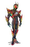  1boy armor black_bodysuit bodysuit capsems commentary exdreamrise_capsem full_body helmet henshin_pose highres kamen_rider kamen_rider_zeztz kamen_rider_zeztz_(series) kamen_rider_zeztz_exdream klmezeztz00 male_focus multicolored_bodysuit red_eyes rider_belt solo spikes tokusatsu zeztz_exdream_driver 