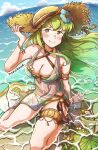  1girl armlet bare_arms bare_legs bare_shoulders beach bikini blue_sky blush breasts cleavage closed_mouth cloud collarbone commentary_request criss-cross_halter fire_emblem fire_emblem:_mystery_of_the_emblem fire_emblem_echoes:_shadows_of_valentia fire_emblem_heroes flower gold_armlet green_bikini green_eyes green_hair hair_flower hair_ornament halterneck hand_on_own_hat hat highres jewelry large_breasts long_hair navel ocean official_alternate_costume outdoors palla_(fire_emblem) palla_(summer)_(fire_emblem) palm_leaf sarong see-through_clothes see-through_sarong sitting skindentation sky smile solo stomach straw_hat sun_hat swimsuit thick_thighs thighlet thighs tyun_nonokaze very_long_hair wariza 