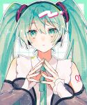  1girl :< aqua_eyes aqua_hair aqua_ribbon bare_shoulders blush border detached_sleeves facing_viewer green_border green_nails grid_background hair_between_eyes hair_ornament hatsune_miku hatsune_miku_(nt) headphones highres layered_sleeves long_hair looking_to_the_side mizunidoufu neck_ribbon number_tattoo outline outside_border piapro_studio ribbon see-through_clothes see-through_sleeves shirt shoulder_tattoo sleeveless sleeveless_shirt sparkle steepled_fingers tattoo twintails upper_body vocaloid white_background white_outline white_shirt white_sleeves 
