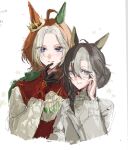  2girls adjusting_eyewear ahoge animal_ears blue_eyes brown_hair cape colored_inner_animal_ears commentary_request cropped_torso crown curtained_hair dream_journey_(snow-white_dreamland)_(umamusume) dream_journey_(umamusume) dress ear_covers ear_ornament eyes_visible_through_hair eyewear_strap facing_viewer finger_to_own_chin gem glint gloves gold_necklace green_cape green_gem grey-framed_eyewear hair_between_eyes hair_bun horse_ears horse_girl jewelry kago1zq long_hair long_sleeves looking_at_viewer multicolored_hair multiple_girls necklace official_alternate_costume orange_hair orfevre_(umamusume) puffy_long_sleeves puffy_sleeves purple_eyes siblings sidelocks simple_background single_ear_cover single_hair_bun sisters smile star_(symbol) streaked_hair umamusume v-shaped_eyebrows white_background white_dress white_streaks wide_sleeves 