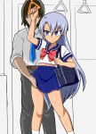  1boy 1girl absurdres bag blue_necktie blue_skirt chikan commentary_request grey_hair groping hetero highres long_hair midriff_peek molestation mutsuba_asaka necktie pleated_skirt purple_eyes red_zero-doo_(and_hagure) school_bag school_uniform serafuku shirt skirt socks white_shirt white_socks yu-gi-oh! yu-gi-oh!_go_rush!! 