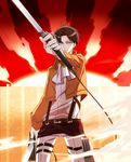  ascot bad_id bad_pixiv_id belt black_hair blue_eyes boots cable dual_wielding glowing glowing_eyes highres holding jacket kiyoo0410 levi_(shingeki_no_kyojin) male_focus paradis_military_uniform shingeki_no_kyojin solo sun sword thigh_strap three-dimensional_maneuver_gear weapon 