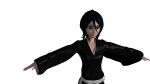  1girl 3d black_hair black_kimono bleach breasts cleavage collarbone commentary english_commentary hair_between_eyes highres japanese_clothes ji-nero-kendrick kimono kuchiki_rukia lips medium_hair obi outstretched_arms purple_eyes sash solo t-pose transparent_background white_kimono white_sash 