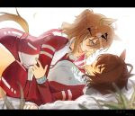  2girls agnes_tachyon_(umamusume) ahoge animal_ear_piercing animal_ears black_border blonde_hair blush border braid breasts brown_hair commentary dated earrings eye_contact finger_to_another's_mouth grass hair_between_eyes hair_ornament hairclip half_up_half_down_braid horse_ears horse_girl horse_tail jacket jewelry jungle_pocket_(umamusume) knee_up large_breasts letterboxed looking_at_another lower_teeth_only lying medium_hair multicolored_hair multiple_earrings multiple_girls multiple_hairclips on_back open_mouth outdoors pairing_name parted_lips pinned red_eyes shorts smile streaked_hair superduckvv tail teardrop_earrings teeth tracen_training_uniform track_suit umamusume white_streaks yellow_eyes yukadon yuri 