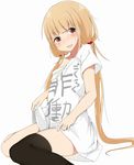  blonde_hair blush brown_eyes clothes_writing futaba_anzu idolmaster idolmaster_cinderella_girls long_hair poking ratsuku_kinoko shirt socks solo t-shirt thighhighs tongue tongue_out twintails 