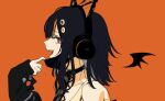  1girl ahoge animal_ear_headphones animal_ears bare_shoulders black_choker black_hair black_mask black_sweater cat_ear_headphones cat_ears choker commentary_request eyeball_hair_ornament fake_animal_ears headphones long_sleeves looking_at_viewer looking_to_the_side mahou_shoujo_no_majo_saiban mask mouth_mask multicolored_hair off-shoulder_sweater off_shoulder open_mouth orange_background orange_eyes orange_streaks parody portrait profile sawatari_coco sharp_teeth shirt shitsugaikotsu short_hair simple_background single_bare_shoulder solo streaked_hair sweater teeth upper_body white_shirt 