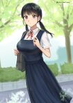  1girl artist_name bag black_dress breasts collared_shirt commentary_request dress highres neck_ribbon original outdoors pinafore_dress red_ribbon ribbon school_bag setu_kurokawa shirt short_sleeves shoulder_bag sleeveless sleeveless_dress solo standing summer_uniform tree twitter_username watermark white_shirt 