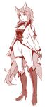  1girl adapted_costume aglio animal_ears arms_at_sides boots breasts closed_mouth clothing_cutout coattails commentary_request fatal_frame fatal_frame:_maiden_of_black_water full_body high_heel_boots high_heels horse_ears horse_girl horse_tail jacket kemonomimi_mode knee_boots kozukata_yuuri lace-up_boots long_hair long_sleeves looking_ahead medium_breasts monochrome open_clothes open_jacket pants shirt shoulder_cutout simple_background sleeve_ribbon solo standing tail tailcoat thigh_strap white_background 