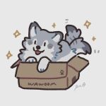  absurdres animal_focus box commentary grey_background highres looking_at_viewer no_humans original paw_print rinrinwolf signature simple_background solid_oval_eyes sparkle tail tail_wagging tongue tongue_out wolf 