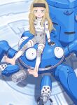  1girl :d absurdres artist_name barefoot black_gloves blonde_hair blue_eyes crossover diana_(pragmata) fingerless_gloves full_body ghost_in_the_shell ghost_in_the_shell:_stand_alone_complex gloves head-mounted_display highres legs_apart long_hair looking_at_viewer massimo mecha non-humanoid_robot open_mouth pragmata robot sitting smile solo spacesuit spider_tank tachikoma teeth upper_teeth_only walker_(robot) 