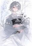  1girl artist_name black_eyes black_sash branch character_request commission copyright_request cotton_(plant) cow flower flysquirrel grey_hair grey_kimono hair_flower hair_intakes hair_ornament hair_over_one_eye highres holding holding_flower holding_plant holding_sword holding_weapon japanese_clothes kimono long_sleeves looking_at_viewer mihuashi_commission obi obijime one_eye_covered parted_lips plant sash short_hair_with_long_locks solo sword watermark weapon white_flower wide_sleeves 
