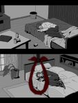  1boy adachi_tooru bed beer_can can drink_can full_body greyscale highres jacket long_sleeves lying male_focus monochrome necktie noose on_bed on_side pants persona persona_4 plant potted_plant rug sitting socks spot_color television tira_zhang trash_can window wooden_floor 
