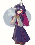  1girl animal_ear_fluff animal_ears black_hair black_skirt blush breath capelet cold commentary_request cropped_legs facing_viewer highres hololive long_hair looking_ahead mittens multicolored_hair ookami_mio ookami_mio_(street) orange_eyes pantyhose pohitashi_(team_tategami) red_capelet simple_background skirt standing streaked_hair sweater twintails virtual_youtuber white_background winter winter_clothes wolf_ears wolf_girl 