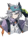 1girl animal_ears arknights commentary cropped_torso gloves green_gloves grey_hair hair_between_eyes hand_on_headwear hand_up highres hongshan_forest_zoo jacket lappland_(arknights) long_hair long_sleeves looking_at_viewer official_alternate_costume purple_jacket scar scar_across_eye scar_on_face shirane1619 simple_background smile solo untranslatable_commentary upper_body visor_cap white_background wolf_ears wolf_girl 