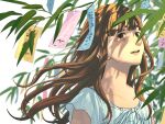  1girl absurdres blurry blurry_background branch brown_eyes brown_hair bruise bruise_on_face bruised_eye chest_ribbon collarbone commentary_request dappled_sunlight depth_of_field dress floating_hair from_side highres injury leaf long_hair looking_at_viewer missing_tooth oyasumi_punpun parted_lips plant ribbon short_sleeves smile solo sunlight tanabata tanaka_aiko tanzaku upper_body white_dress white_ribbon yuiai 
