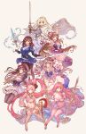 6+girls absurdres animal_ears animal_hands armor bare_shoulders blonde_hair breastplate breasts brown_dust_(series) brown_dust_2 cat_ears cat_paws cleavage cleavage_cutout closed_mouth clothing_cutout commentary_request dagger dress floating floating_object floating_weapon frilled_dress frilled_skirt frills gloves hair_over_one_eye hair_ribbon helena_(b-rank_idol)_(brown_dust) helena_(brown_dust) highres holding holding_dagger holding_knife holding_microphone holding_sword holding_weapon jewelry juliet_sleeves justia_(brown_dust) justia_(white_reaper)_(brown_dust) knife large_breasts long_hair long_sleeves medium_breasts medium_hair microphone midriff multiple_girls navel open_mouth pantyhose puffy_sleeves rapier revision ribbon rou_(brown_dust) rou_(nature's_claw)_(brown_dust) rubia_(brown_dust) rubia_(thorn_of_the_desert)_(brown_dust) scheherazade_(brown_dust) scheherazade_(the_lapis_witch)_(brown_dust) see-through_clothes short_hair siblings sisters skirt small_breasts snow_white_(fairy_tale) soi_(chrisnhkb) sword sylvia_(brown_dust) sylvia_(desert_flower)_(brown_dust) vambraces ventana_(brown_dust) ventana_(snow_white)_(brown_dust) weapon 