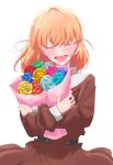  1girl 6th_live_dream_~bloom_garden_party~ :d ^_^ blue_flower blue_rose blush bouquet brown_dress closed_eyes commentary_request dress facing_viewer flower flower_stand_art green_flower green_rose grey_robe hasu_no_sora_school_uniform highres hinoshita_kaho holding holding_bouquet long_sleeves love_live! love_live!_hasu_no_sora_jogakuin_school_idol_club lower_teeth_only neckerchief open_mouth othiwo pink_flower pink_rose pleated_dress purple_flower purple_rose red_flower red_neckerchief red_rose robe rose sailor_collar sailor_dress school_uniform simple_background smile solo teeth virtual_youtuber white_background white_sailor_collar winter_uniform yellow_flower yellow_rose 