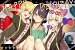  3girls absurdres ahoge balloon birthday_sash black_shirt blonde_hair carrying cho_kaguya-hime! closed_mouth colored_inner_hair commentary green_eyes green_shirt heart_balloon highres jewelry kaguya_(cho_kaguya-hime!) long_hair mole mole_under_eye multicolored_hair multiple_girls number_pun open_mouth pink_hair polyamory polygamy princess_carry ring runami_yachiyo sakayori_iroha selfie shirt sidelocks v v_over_eye viewfinder wedding_ring white_hair wife_and_wife_and_wife yukirenga_noel yuri 
