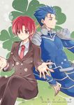  1girl bazett_fraga_mcremitz blue_hair bodysuit character_name copyright_name earrings fate/hollow_ataraxia fate/stay_night fate_(series) formal jewelry lancer necktie pant_suit ponytail red_eyes red_hair short_hair suit triplebomber 