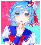  1girl :o blue_background blue_eyes blue_hair blue_sailor_collar border bow bowtie dorothy_west double-parted_bangs gradient_background grid_background hair_between_eyes hair_ornament hand_up hat looking_at_viewer mini_hat mizunidoufu open_mouth outside_border pink_background pretty_series pripara red_bow red_bowtie sailor_collar shirt short_hair short_sleeves solo star_(symbol) star_hair_ornament two-tone_background upper_body white_border white_hat white_shirt 