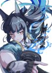  1girl absurdres animal_ear_fluff animal_ears aqua_jacket black_hair black_necktie black_skirt closed_mouth commentary_request fingerless_gloves fox_ears fox_girl gauntlets gloves highres holding holding_sword holding_weapon hoshimi_miyabi jacket katana long_hair looking_to_the_side miles0088 necktie red_eyes shirt simple_background single_fingerless_glove single_gauntlet skirt solo sword weapon white_background white_shirt zenless_zone_zero 