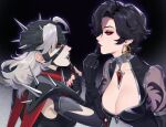  2girls applying_lipstick applying_makeup bandaged_head bandages black_hair black_lips breasts cleavage commentary cosmetics earrings english_commentary fantastic_four goth_fashion hand_up holding holding_lipstick_tube jewelry jubilee jubilee_(midnight_mutant) large_breasts lavelis leotard lipstick lipstick_tube makeup malice_(sue_storm) marvel marvel_rivals multiple_girls nail_polish red_eyes red_nails short_hair shoulder_spikes spikes sue_storm upper_body white_hair x-men 