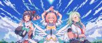  3girls absurdres angel_wings angels_of_delusion aqua_streaks aria_(human)_(zenless_zone_zero) aria_(zenless_zone_zero) backless_dress backless_outfit backpack bag black_hair blue_sky blush cloud collared_shirt dress highres looking_at_viewer medium_hair multicolored_hair multiple_girls nangong_yu necktie open_mouth pink_hair randoseru red_bag red_eyes red_hair red_necktie rswifhand shirt short_hair sky smile streaked_hair sunna_(zenless_zone_zero) two-tone_hair white_dress white_shirt white_wings wings zenless_zone_zero 