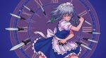  1girl apron back_bow between_fingers blue_background blue_eyes bow braid closed_mouth commentary dress english_commentary frilled_dress frills green_bow grey_hair hair_bow highres holding holding_knife izayoi_sakuya knife knives_between_fingers long_hair looking_at_viewer maid maid_headdress motion_lines pinafore_dress puffy_short_sleeves puffy_sleeves roman_numeral shirenai short_sleeves sleeveless sleeveless_dress solo throwing_knife touhou twin_braids waist_apron weapon white_apron white_bow 