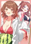  2girls :d ahoge bikini blue_eyes blush breasts brown_eyes brown_hair collarbone commentary_request food fruit gakuen_idolmaster hanami_saki hanami_ume highres hiyoko_neneko idolmaster jacket large_breasts looking_at_viewer medium_breasts multiple_girls open_mouth red_bikini siblings side-tie_bikini_bottom sisters smile swimsuit teeth upper_teeth_only watermelon white_jacket 