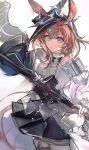  1girl :o absurdres amiya_(arknights) amiya_(guard)_(arknights) amiya_(guard)_(in_a_myriad_of_universes)_(arknights) animal_ears arknights armor black_hat black_skirt blue_eyes brown_hair chinese_commentary commentary_request cowboy_shot grey_shirt hat highres holding holding_sword holding_weapon ju_za_jiang light_particles long_hair long_sleeves looking_at_viewer parted_lips partial_commentary red_pupils shirt shoulder_armor skirt solo standing sword weapon white_background 