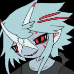  1boy animated animated_gif black_background blue_hair blue_skin brown_shirt colored_skin gift_art grey_skin grin jejejunum looking_at_viewer lowres male_focus monster_boy one_eye_closed original portrait red_eyes sharp_teeth shirt short_hair smile teeth winking_(animated) 