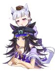 2girls :d animal_ears arms_around_neck black_hair blunt_bangs bow colored_inner_animal_ears colored_inner_hair commentary dot_nose ear_bow fenomeno_(umamusume) flipped_hair furrowed_brow gold_ship_(umamusume) hat highres holding holding_pencil horse_ears horse_girl horse_tail horseshoe_hat_ornament horseshoe_ornament hug hug_from_behind light_blush long_hair looking_at_another mechanical_pencil multicolored_hair multiple_girls musical_note nagarebosi0627 peaked_cap pencil pillbox_hat pink_eyes pleated_skirt puffy_short_sleeves puffy_sleeves purple_bow purple_eyes sailor_collar school_uniform short_sleeves sidelocks simple_background skirt smile spoken_musical_note summer_uniform tail tail_bow tail_ornament tracen_school_uniform umamusume v-shaped_eyebrows very_long_hair white_background white_hair white_skirt 