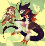  2others :d ^_^ animal_ears antennae art_fight_attack body_fur bow bowtie brown_fur brown_hat brown_tail closed_eyes closed_mouth commentary dragon dragon_horns english_commentary fins full_body furred_dragon furry gift_art goggles goggles_on_headwear hat highres horns jejejunum large_tail looking_to_the_side multicolored_fur multiple_others neck_fur open_mouth orange_bow orange_bowtie orange_claws orange_horns orange_tail original other_focus outline size_difference smile tail white_fur yellow_background yellow_outline 