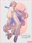  0v0_mu 1boy :o bell-bottoms blue_bow blue_flower blue_ribbon border bow brooch call_of_cthulhu character_name coat coat_hold collared_coat commentary_request epiphyllum flower full_body gold_trim gradient_ribbon hair_between_eyes hair_bow hair_flower hair_ornament highres houkou_etoranze jewelry large_bow long_hair long_sleeves looking_at_viewer low_ponytail male_focus multicolored_eyes neck_ribbon nemophila_(flower) pants partially_unbuttoned pink_background pink_border pink_hair pink_ribbon platform_shoes pleated_pants pleated_shirt ponytail puffy_long_sleeves puffy_sleeves purple_eyes ribbon shirt shoes solo two-sided_coat two-sided_fabric two-tone_background two-tone_eyes untucked_shirt very_long_hair white_background white_coat white_flower white_pants white_shirt white_shoes yellow_eyes 