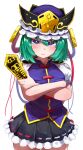  1girl :t absurdres black_skirt blue_eyes blue_hat blue_vest blush breasts bright_pupils closed_mouth commentary cowboy_shot crossed_arms dot_nose epaulettes frilled_hat frilled_skirt frills green_hair hair_between_eyes hat highres holding looking_at_viewer puffy_short_sleeves puffy_sleeves ribbon-trimmed_skirt ribbon_trim rod_of_remorse shiki_eiki short_hair short_sleeves simple_background skirt small_breasts solo standing suwa_(au_swap) touhou vest white_background white_pupils yellow_trim 