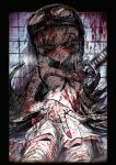  1girl against_wall apron arm_at_side arm_cutting aviator_cap aviator_goggles bandaged_arm bandaged_leg bandaged_neck bandages bare_shoulders black_border black_helmet bleeding blonde_hair blood blood_in_hair blood_on_arm blood_on_bandages blood_on_clothes blood_on_face blood_on_hand blood_on_helmet blood_on_leg blood_on_neck blood_on_stomach blood_on_wall blush border bow bow_apron chromatic_aberration collarbone commentary_request cowboy_shot cut_finger cuts drooling flat_chest flipped_hair goggles goggles_on_headwear hair_between_eyes hand_up heavy_breathing helmet highres injury jinba_(jinbarta2) katana long_hair looking_at_viewer monogatari_(series) narrowed_eyes naughty_face nose_blush nosebleed on_floor open_mouth oshino_shinobu outstretched_arm pink_nails pink_skirt raised_eyebrow reclining red_bow runny_nose saliva scar scar_on_face sitting skirt snot solo strap_slip sweatdrop sword thigh_cutting tile_wall tiles v very_long_hair wariza weapon white_apron wrist_cutting yellow_eyes 
