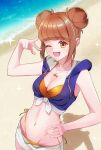  1girl beach bikini bikini_bottom_under_shorts bikini_under_clothes blush breasts brown_eyes brown_hair cleavage collarbone commentary_request double_bun fish_necklace hair_bun hand_on_own_hip healin'_good_precure highres hiramitsu_hinata jewelry long_hair looking_at_viewer medium_breasts navel necklace on_kazu one_eye_closed open_mouth orange_bikini outdoors precure shadow shorts smile stomach swimsuit 