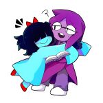  1girl 1other :3 affectionate aqua_(deltarune) black_fur blunt_bangs blush_stickers book bow buck_teeth coat commentary_request covered_eyes deltarune full_body fur-trimmed_coat fur_trim hair_bow half-closed_eyes highres holding holding_book hug icee0day leaning_back leaning_forward light_smile medium_hair necktie pants purple_coat purple_hair purple_necktie purple_pants red_bow red_shoes seth_(deltarune) shoes short_side_ponytail short_twintails siblings side_ponytail simple_background sleeves_past_fingers sleeves_past_wrists smile squiggle sweatdrop teeth twintails utdr_(toby_fox) white_background 