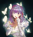  1girl blush breasts bug butterfly butterfly_on_head candy cleavage elbow_gloves fate/stay_night fate_(series) food gloves hair_ribbon holding holding_candy holding_food large_breasts long_hair matou_sakura meganebeeam open_mouth purple_eyes purple_hair ribbon solo upper_body white_gloves 